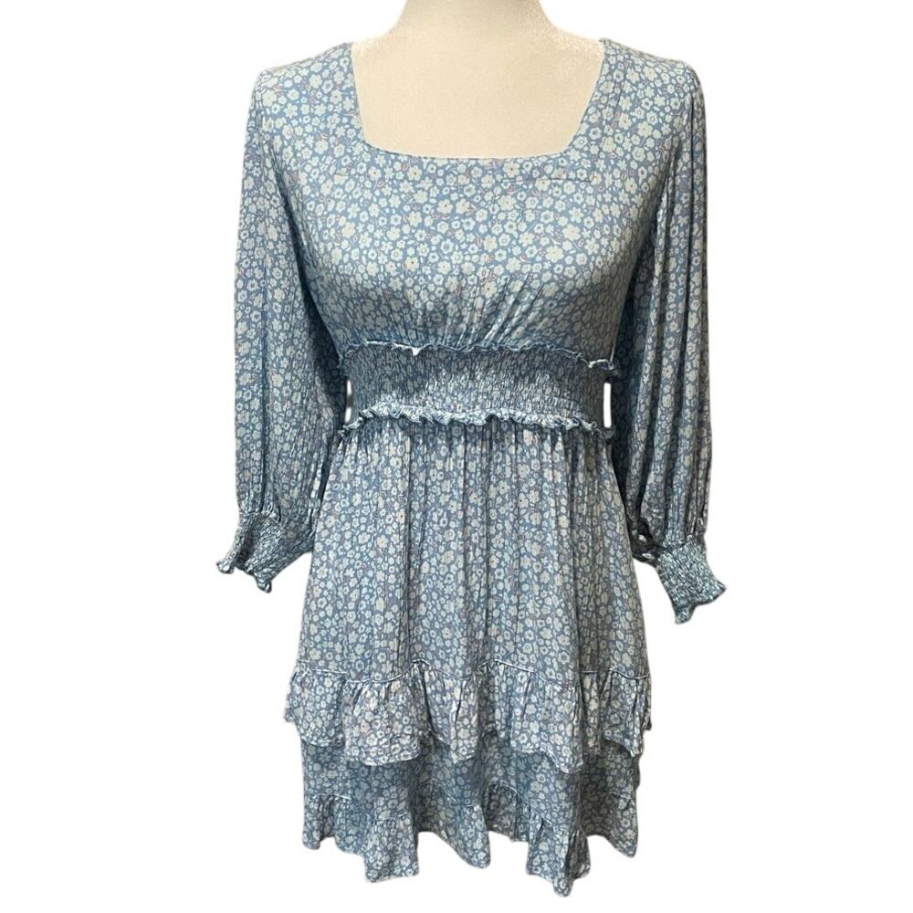 Angie Floral Mini Dress Sz L Smocked Tie Back Square Neck Milkmaid Tiered Blue